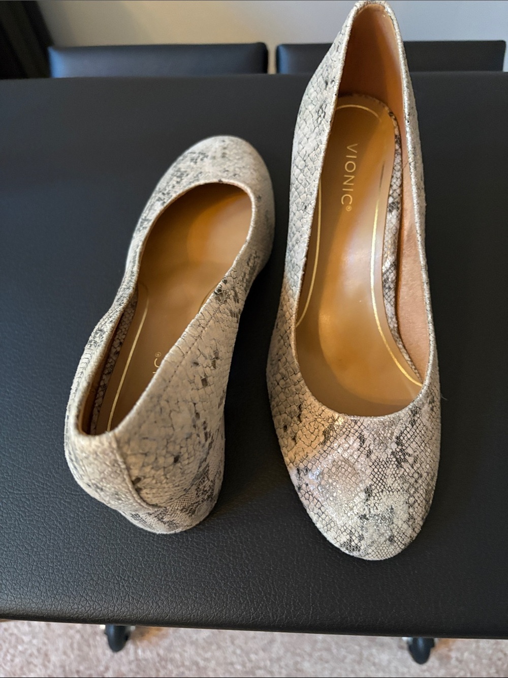 Vionic Women's Snakeskin-Pattern Slip-On Heels in Neutral Tones